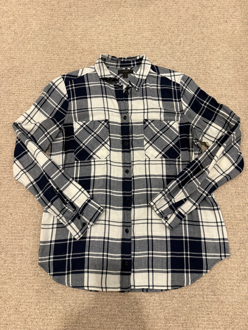J Crew navy & white soft plaid flannel button down shirt womens sz 8